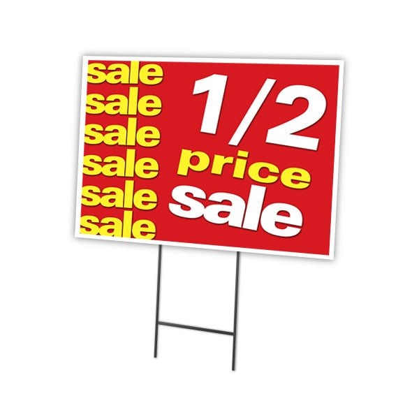 1-2 Price Sale Yard Sign & Stake outdoor plastic coroplast window, C-1824 1-2 Price Sale